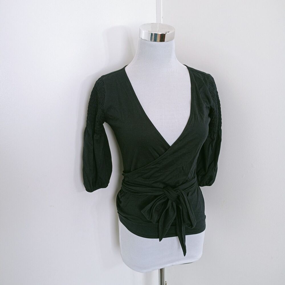 THEORY Wrap Around Blouse Top Deep V Neck Smocked 3/4 Sleeves Black Cotton Sz 0